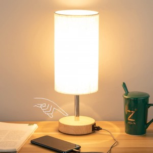 Bedside Lamp with USB Port - Touch Control Table Lamp for Bedroom Wood 3 Way Dimmable Nightstand Lamp with Round Flaxen