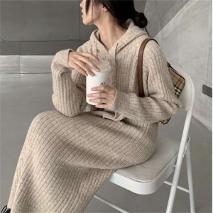 Hooded Knitted Dress Women's Autumn and Winter New Loose Ski